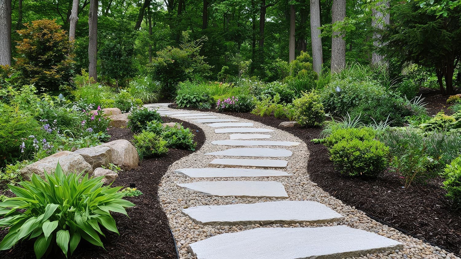 a stone path garden with beautiful landscaping