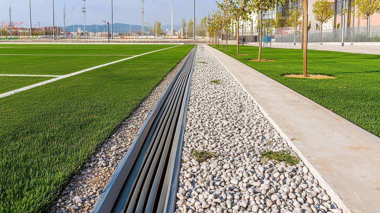 a soccer field drainage system with limestone
