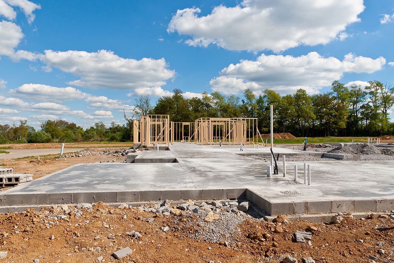a concrete slab foundation of a newly constructed house